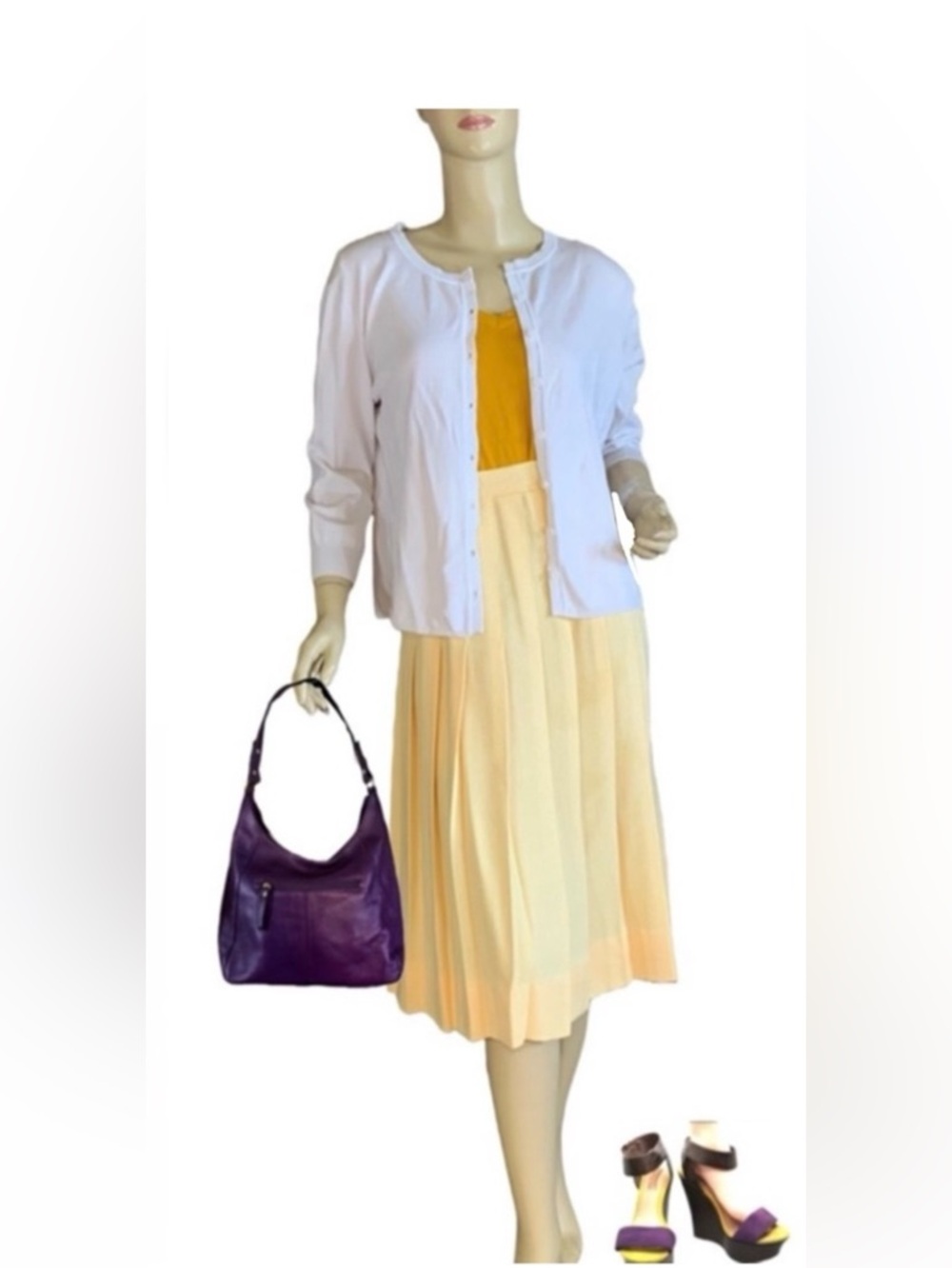 VINTAGE 1980'S YELLOW AND WHITE GINGHAM PRINT PLEATED A-LINE SKIRT (10)